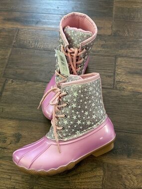 Girls Pink Glitter Star Duck Boots